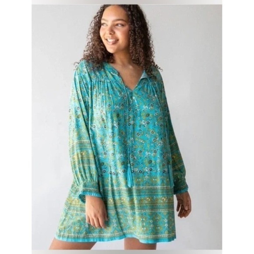 NATURAL LIFE Dara Tunic Dress Turquoise Floral Boho Chic M Coastal Prairie Bloom